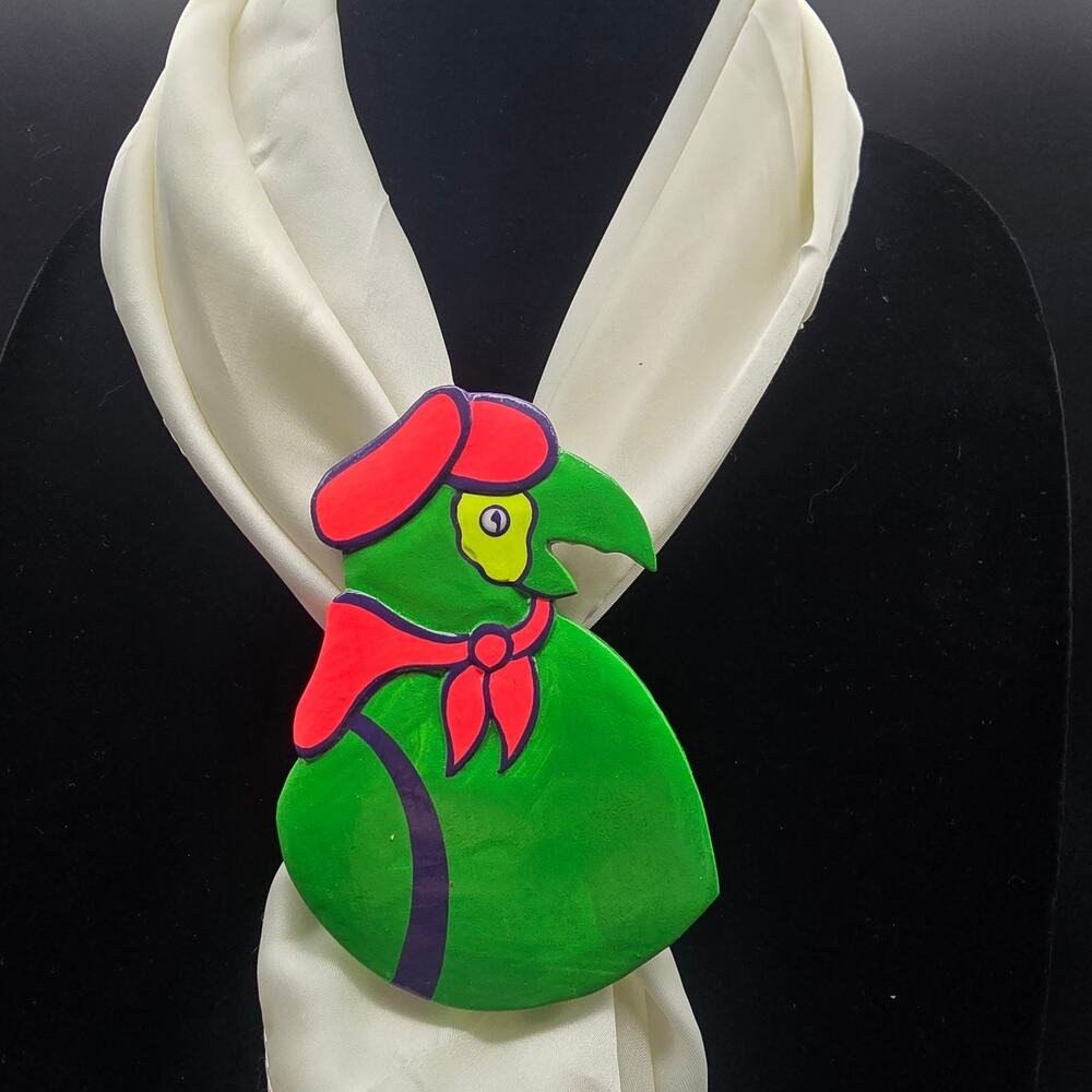 Hand Painted Wood Parrot Scarf Charm Slide Clip Vintage 1980s